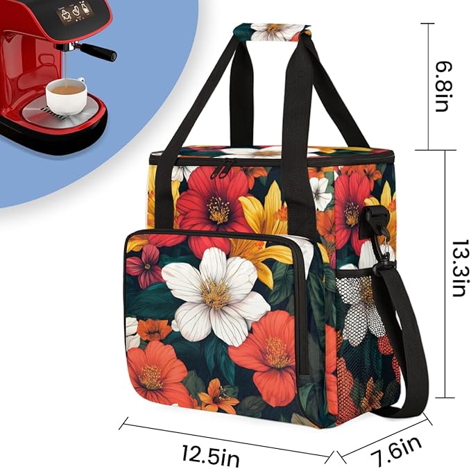 Iridescent Flowers Coffee Maker Carrying Bag Portable Travel Storage Tote Bag Compatible with K-Mini or K-Mini Plus Single Serve Coffee Brewer Carrying Case with Multiple Pockets &amp Shoulder Stra