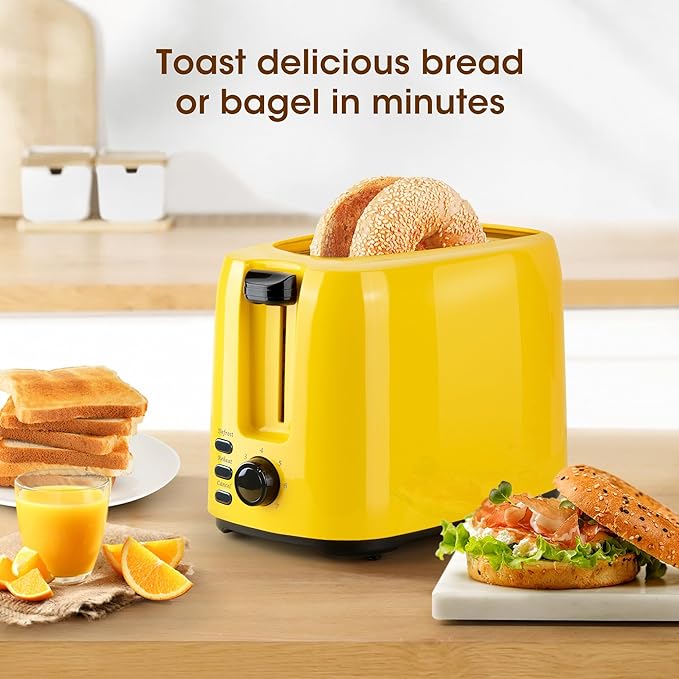iSiLER 2 Slice Toaster 1.3 Inches Wide Slot for Bagels and Special Breads 7 Browning Settings and Double Side Baking Removable Crumb Tray Defrost Reheat Cancel Function Yellow