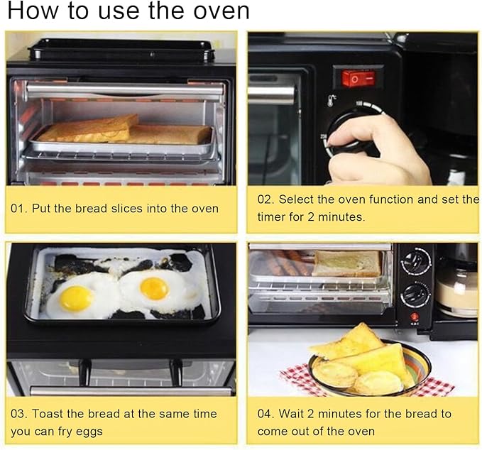 Breakfast Station 3 in 1 Toaster Oven ＆ Coffee Maker Large Capacity Versatile Breakfast Maker with 100°C-230°C Adjustable Temperature and 60min Timer for Apartments Kitchen