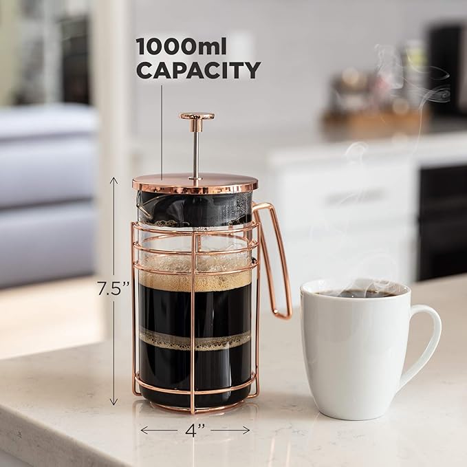 French Press and Tea Maker - 1000ml Coffee Maker Press - Premium Coffee Press with Rose Gold Finish - Thick Glass and Stainless Steel Coffee Brewer - French Press Coffee Maker for Tea Latte Expresso