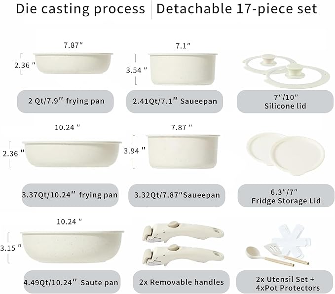 17pcs of Healthy Ceramic Cookware SetDetachable HandlePots and Pans Set Non StickNon Toxic Cookware Set RV Camping Stackable Pots Kitchen SetPFAS/PFOA FreeWhite