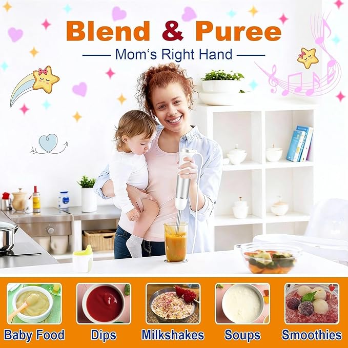 Upgraded Blender Handheld 1100W 20 Speed Settings Max 15500 RPM 5 in 1 Hand Blender with Milk Frother Handheld Food Processor Batidora De Mano Electrica Kitchen Appliances White
