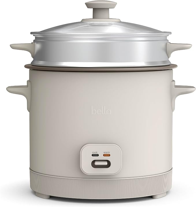 bella 16 Cup Rice Cooker with Steamer Dishwasher Safe Steaming Basket Rice Paddle and Measuring Cup Removable Nonstick Cooking Bowl Automatic Keep Warm Function 400 Watt Oatmilk