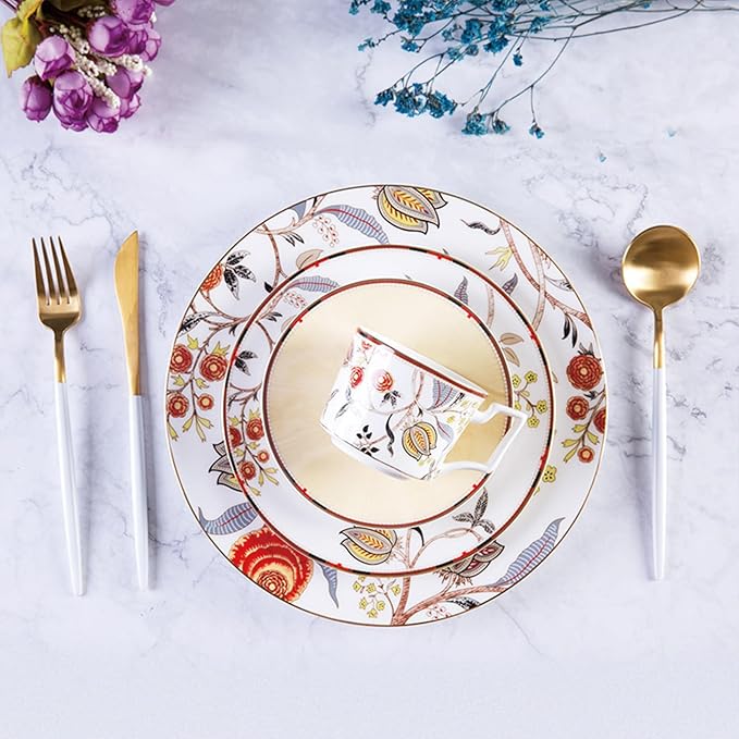 8 Piece Dinnerware Sets Bone China Dinner Plate Coffee cup set Scratch Resistant Microwave Oven Dishwasher Safered flowers