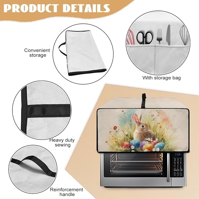 Bunny Daisy Print Toaster Oven Dust Cover Easter Egg Printed Bread Maker Machine Covers with Side Pockets Kitchen Small Appliance Protector M