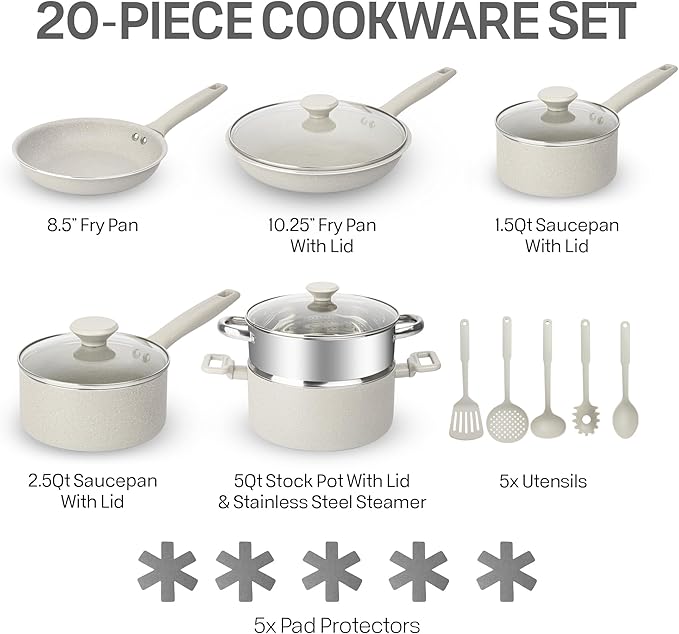 Granitestone 20 Pc Pots and Pans Set Non Stick Cookware Set with Steamer Cooking Utensils and Pad Protectors Stay Cool Handles Oven and Dishwasher Safe
