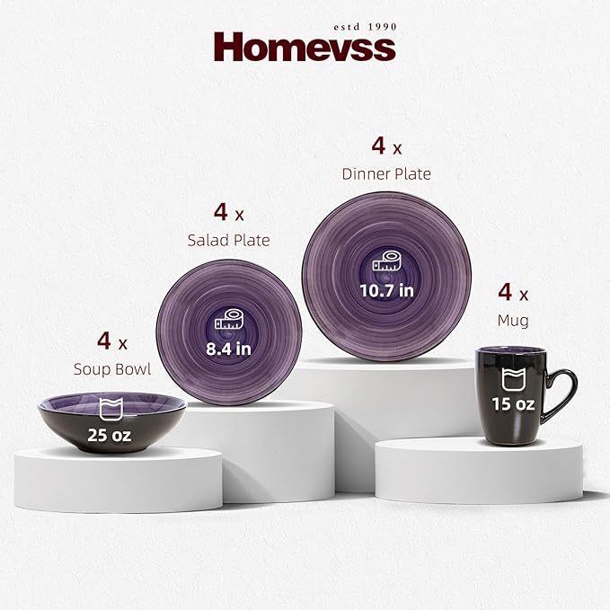 Sonoma 16-Piece Dinnerware Set - Serves 4 Black and Speckled Purple Plates &amp Bowls Set | Microwave &amp Dishwasher Safe Spinwash Purple