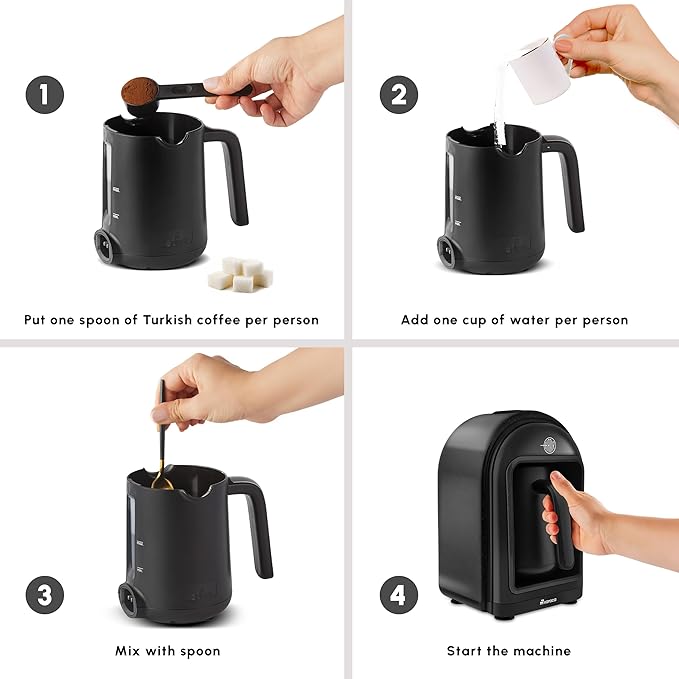 KARACA Hatır Turkish Coffee Maker 5 Cups Electric Turkish Coffee Machine with Ember Mode Automatic Temperature Control Overflow Protection Audible &amp Visual Alerts Shiny Black