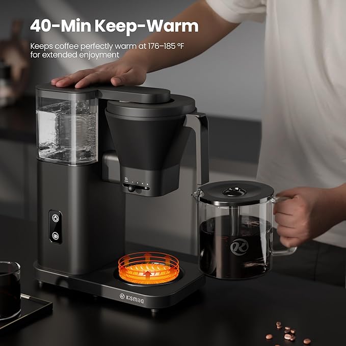 Kismile SCA-Certified 8 Cup Drip Coffee Maker Pour Over Coffee Machine with 3s Instant Heat 197–205℉ Adjustable Flow Control Removable Water Tank Deep Cold Brew &amp 40 Min Keep Warm (Black)