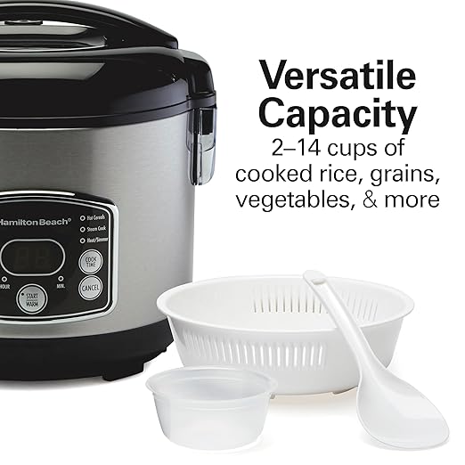 Hamilton Beach Digital Programmable Rice Cooker &amp Food Steamer 14 Cups Cooked (7 Uncooked) With Steam &amp Rinse Basket Stainless Steel (37548)