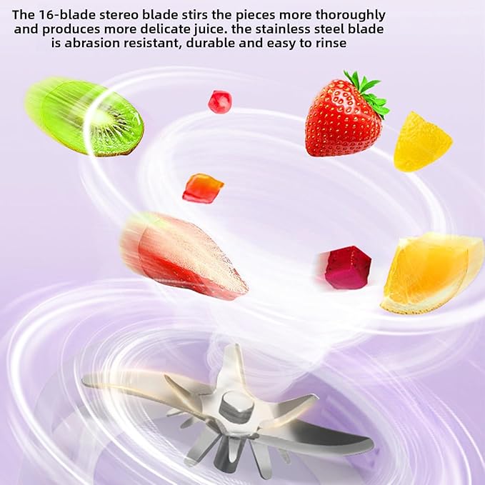 Portable Blender 500ml USB Rechargeable Cordless Blender with 16 Blades Stainless Steel Cutter High Speed 20800 RPM for Shakes Travel Home Gym