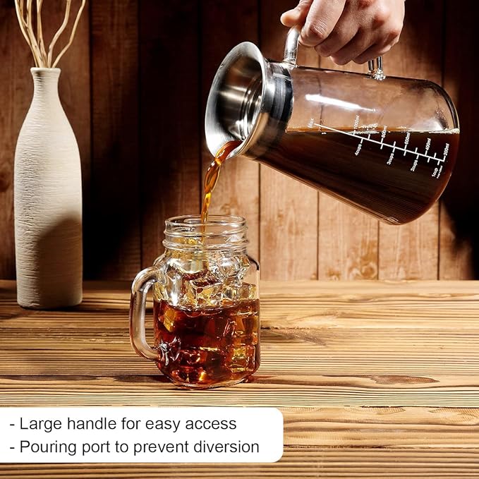 Aquach Airtight Cold Brew Coffee (Iced Tea) Maker 51oz/1.5L BPA-Free Durable Borosilicate Glass Pitcher and Stainless Steel Fine-Mesh Filter Dishwasher Safe Spill-proof 6 Cups Capacity