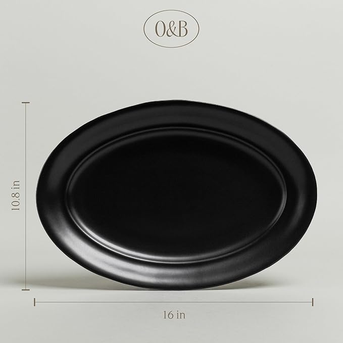 over&ampback Rim Stoneware Serving Platter - Elegant 1-Piece Oval Serving Platter to Complete Your Kitchen Set - 16 L x 10.8 W Semi-Matte Black