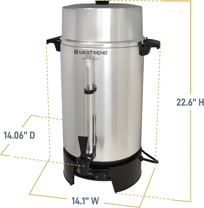West Bend 33600 Coffee Urn Commercial Highly-Polished Aluminum NSF Approved Features Automatic Temperature Control Large Capacity with Fast Brewing and Easy Clean Up 100-Cup Silver