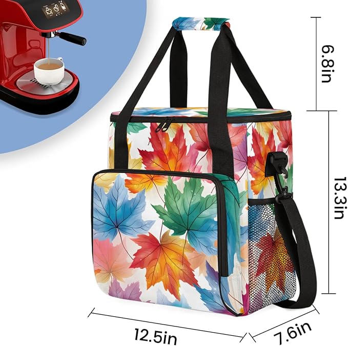 Colorful Maple Leaves Coffee Maker Travel Bag for Keurig K-Mini/K-Mini Plus Insulated Waterproof Tote with Pockets for K-Cup Portable Single-Serve Brewer Case