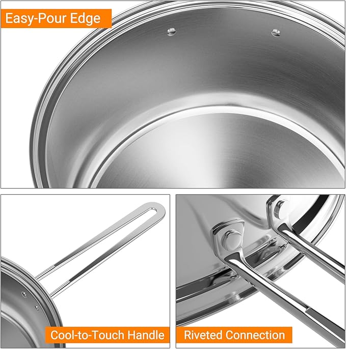 GOFLAME 12 Piece Pots &amp Pans Set Stainless Steel Cookware Set with Tempered Glass Lids Handles &amp 3-Ply Base 4 Stockpots 1 Frying Pan &amp 1 Sauce Pan for Stovetop Induction Halogen