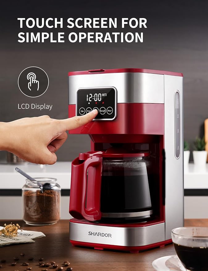 SHARDOR 10-Cup Programmable Coffee Maker Regular &amp Strong Brew Drip Coffee Machine for Home and Office Auto Shut Off Permanent Filter (red)