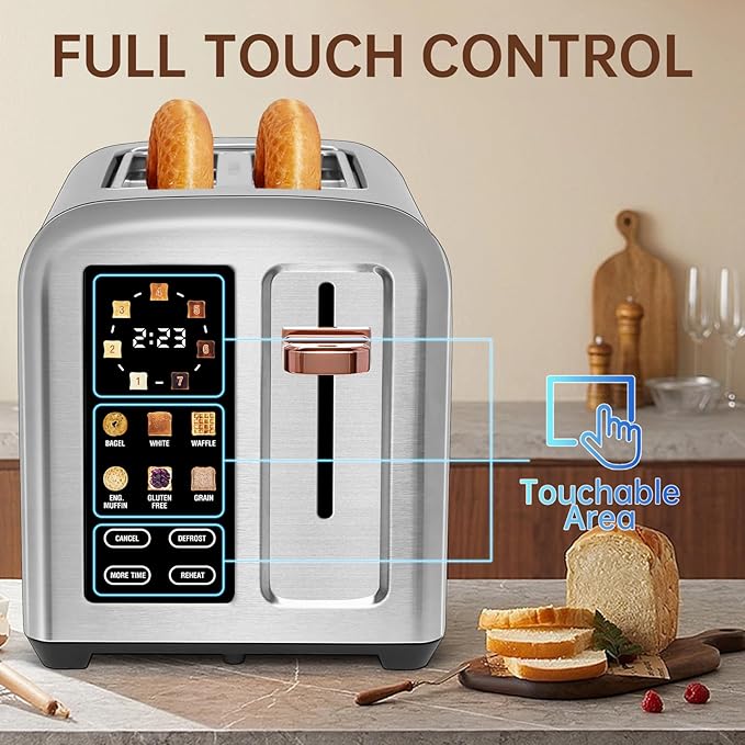 SEEDEEM Toaster 2 Slice Touch Control Stainless Toaster LCD Display 50% Faster Heating Speed 1.4'' Wide Slots More Timer Functions Removable Crumb Tray 1350W Silver Metallic