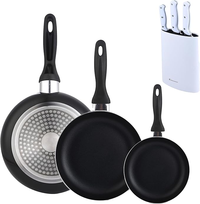 Wellhome 16/20/24 3-Piece Pressed Aluminium Pan Set + Set of 3 Stainless Steel Tacoma Knives