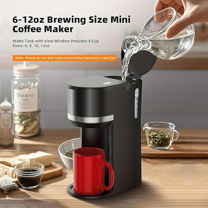 Portable Coffee Maker Single Serve with Grinder - 120s Brew Ceramic Burr 4 Cup Sizes(6-12oz) BPA-Free Window Auto Descaling Alert Compact for Travel (7.85x4.33x9.45in)