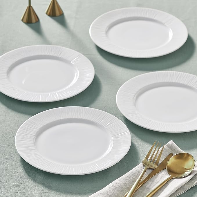16Piece Bone China Dinnerware Set with Radial Stripe Texture Embossed Plates Bowls mugs Chip-Resistant Lightweight Elegant and Durable Service for 4 White