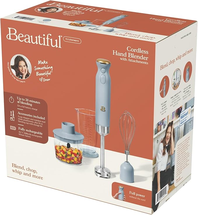 Cordless Immersion Blender 5-in-1 Set | Rechargeable Hand Blender with Chopper Whisk &amp Measuring Cup | 6 Variable Speeds | Stainless Steel Blades | BPA-Free | Stick Blender