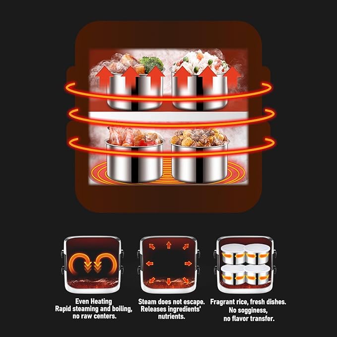 Dpofirs Portable Self Cooking Electric Lunch Box 2L Mini Rice Cooker 2 Layers 4 Stainless Steel Steamer Food Insulation Box Heated Food Warmer Cooker for Home Office Travel (US Plug 110V)