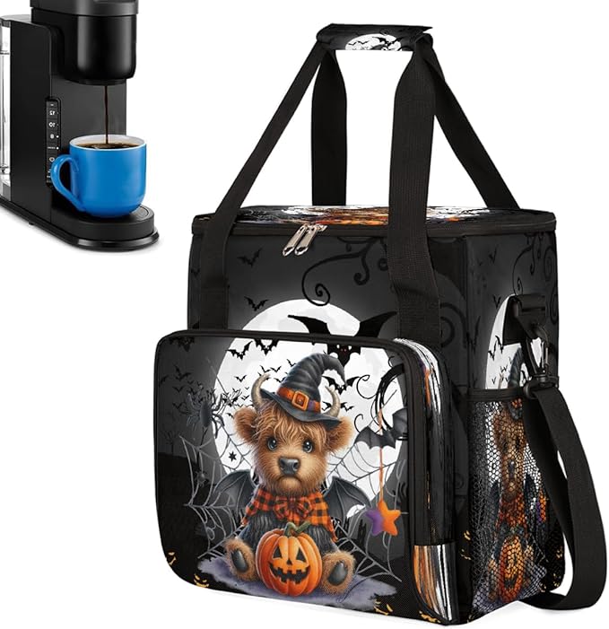 Halloween Alpine Cow Bat Pumpkin Coffee Maker Carring Bag Travel Carrying Storage Tote Bag Compatible with Keurig K-Mini or K-Mini Plus Portable Single Serve Coffee Brewer Case with Pockets
