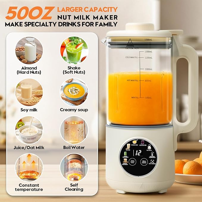 8-in-1 Nut Milk Maker Machine 50oz Glass Soy Almond Oat Milk Maker with 20 Blades Delay Timer Constant Temperature Self-Cleaning Overheat Protection Recipe Included