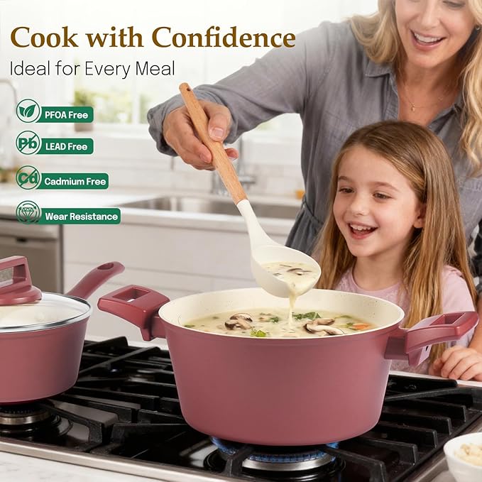Pots and Pans Set Non Stick 11-Piece Nonstick Induction Cookware Set Non-Toxic Kitchen Cooking Set with Frying Pans Saucepan Stock Pot PFOA Free Red Brown