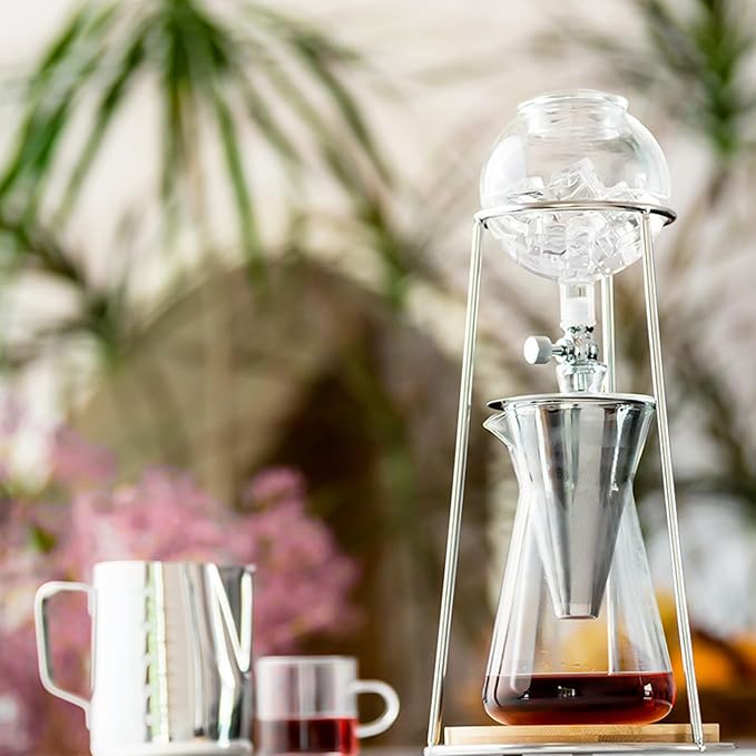 Cold Brew Drip Tower Ice Drip Coffee Maker with Pour-Over Coffee Pot High Borosilicate Heat-Resistant Glass &amp Stainless Steel Filter 2-4 Cup for Cold Brewed Coffee and Tea