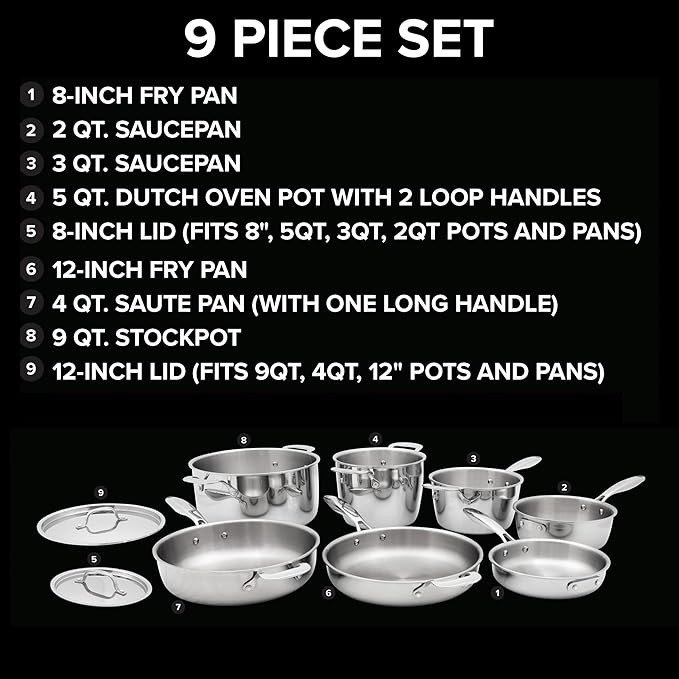 Nuwave Stainless Steel 9-Piece Pro-Smart Cookware Set Space Saving Nestable Design Heavy-Duty Tri-Ply Dishwasher &amp Oven Safe Ergonomic Stay-Cool Handles Induction-Ready &amp Works on All Coo