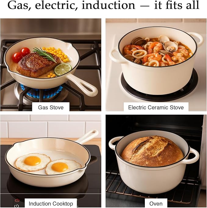 QuliMetal Nonstick Enameled Cast Iron Cookware Set 4-Pcs Pots and Pans with Lid Healthy Round Dutch Oven Pot for Sourdough Bread Baking Oven Safe up to 500° F or on All Stovetop