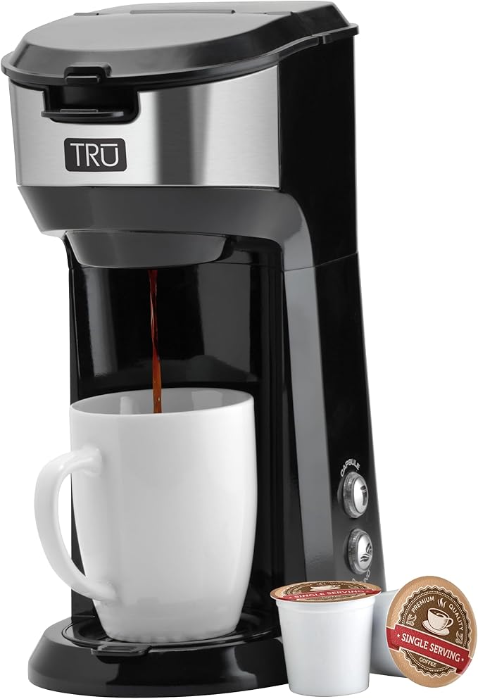 Tru Single Serve Brew System by Select Brands - Single Cup Coffee Maker Using Coffee Capsules or Grounds - Features Removable Drip Tray &amp One-Touch Controls - 14 Fluid Ounces