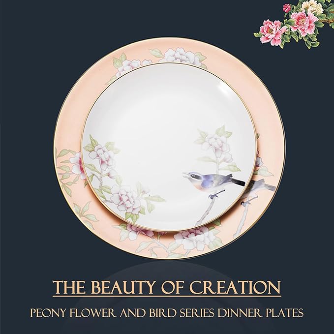 8 Piece Dinnerware Sets Round Dinner Plates Coffee Cup and Saucer Set bird and flower pattern dishes set Scratch Resistant Lead-Free Oven and Dishwasher Safe