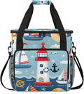 Cartoon Ship Lighthouse Coffee Maker Travel Bag for Keurig K-Mini/K-Mini Plus Insulated Waterproof Tote with Pockets Portable Single-Serve Brewer Case
