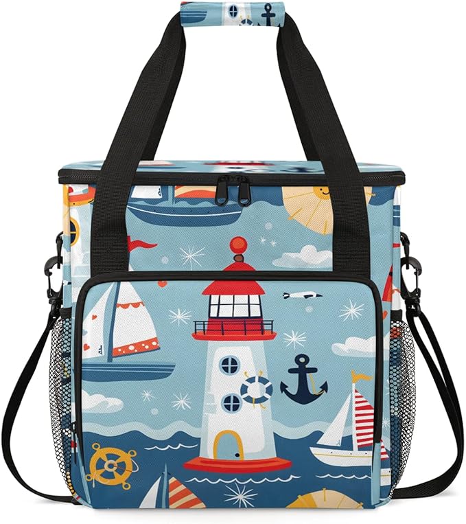 Cartoon Ship Lighthouse Coffee Maker Travel Bag for Keurig K-Mini/K-Mini Plus Insulated Waterproof Tote with Pockets Portable Single-Serve Brewer Case