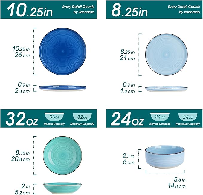 vancasso Bonita Dinnerware Sets 24 Pieces Blue Stoneware Dishes Set for 6 Dinner Platers with Bowls Set Dishwasher and Microwave Safe