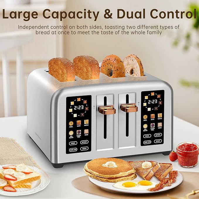 SEEDEEM Toaster 4 Slice Stainless Steel Touch Screen for Dual Control Digital Timer Smart Toaster with 6 Bread Type 7 Shade Setting 1.5''Wide Slot Removable Crumb Tray 1800W Silver Metallic
