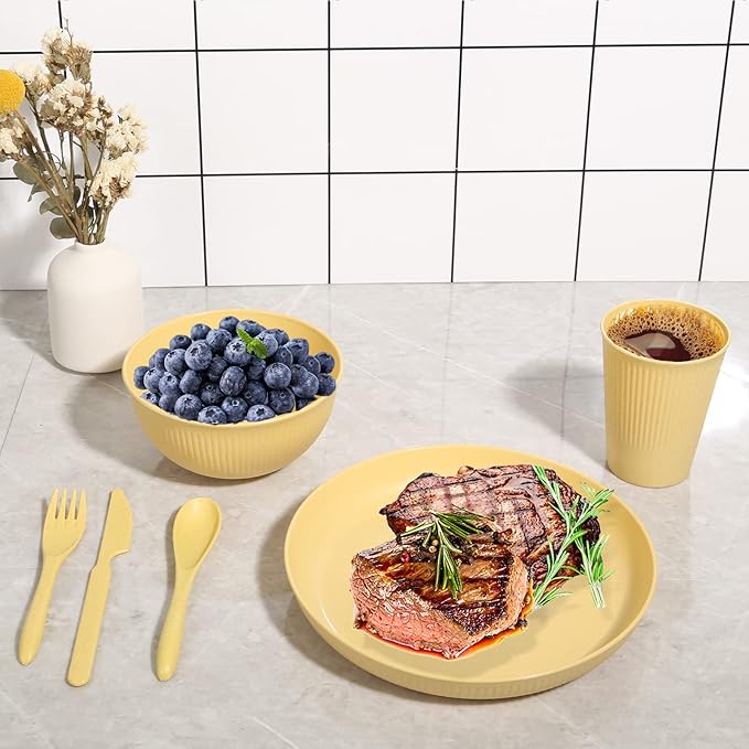 Wheat Straw Dinnerware Sets -DAPIPIK 36 Piece Unbreakable Dinnerware Sets for 6 Wheat Straw Plates and Bowls Set Lightweight Camping Plates Cups and Bowls Set.Dishwasher Microwave Safe Dinnerware