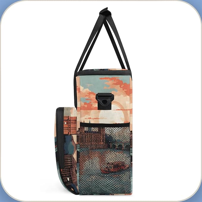 City Landscape Coffee Maker Travel Bag for Keurig K-Mini/K-Mini Plus Insulated Waterproof Tote with Pockets for K-Cup Portable Single-Serve Brewer Case