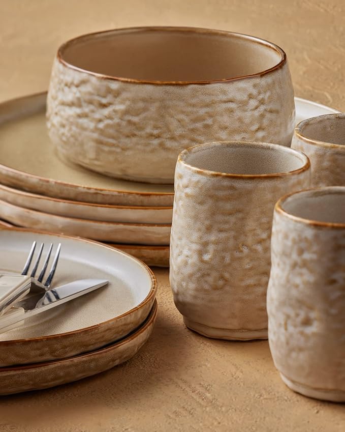 Stone by Mercer Project SHOSAI 16-Piece Stoneware Dinnerware Set Plates and Bowls Set Modern Dishware set fo 4 Sand