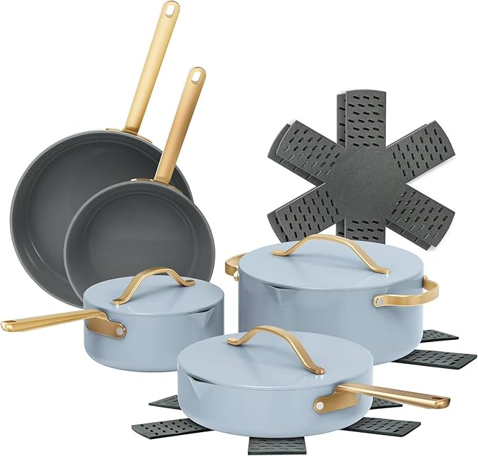 Nonstick Ceramic Cookware Set (12 Piece) Pots Frying Pans Lids and Kitchen Storage Oven Safe Pan Set &amp Compatible with All Stovetops - (Cornflower Blue)