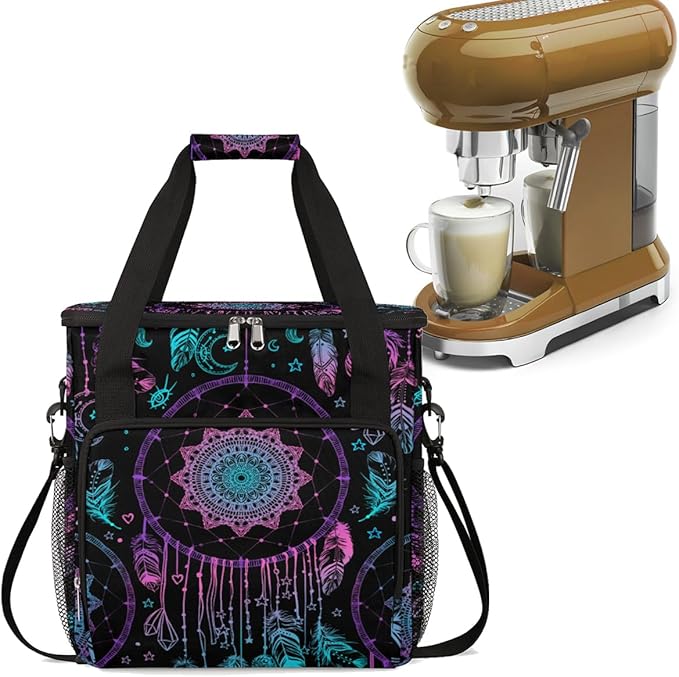 Dreamcatcher Mandala Coffee Maker Carrying Bag Coffee Machine Travel Storage Tote Bag Compatible with K-Mini or K-Mini Plus Portable Single Serve Coffee Brewer Case with Pockets for K-Cup Pods