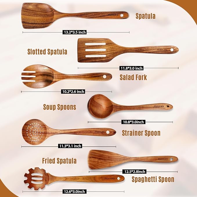 Wooden Spoons for Cooking Wooden Utensils for Cooking Natural Teak Wooden Kitchen Utensils Set Comfort Grip (7 PCS SET)