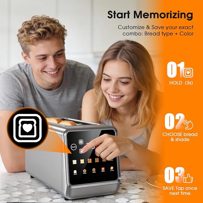 4-Slice Smart Toaster with Digital Touchscreen &amp 1-Touch Memory for Family | Stainless Steel Extra-Wide Long Slots for Bagels &amp Artisan Bread | All-in-One Defrost Reheat &amp Single-Slice M