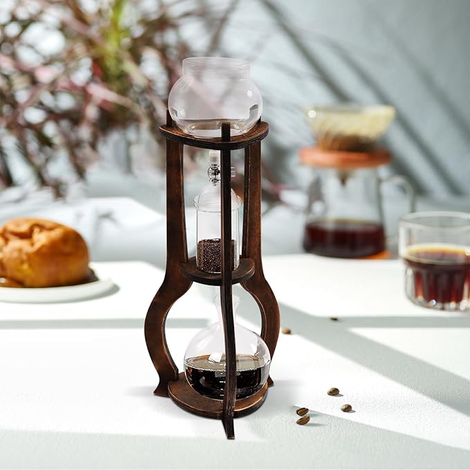 Tower Cold Brew Coffee Maker with Wood Tripod Stand Adjustable Copper Drip Speed Valve Ice Coffee Machine for Home Coffee Shops Cafes Offices Makes 6-8 Cups (Brown)