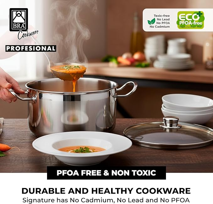 BRA COOKWARE Profesional 6 Piece Cookware Set | Stainless Steel Professional Kitchenware Set | 1 Stock Pot 1 Sauté Pan 2 Frying Pans 2 Lids | All Heat Sources Compatible | PFOA Free