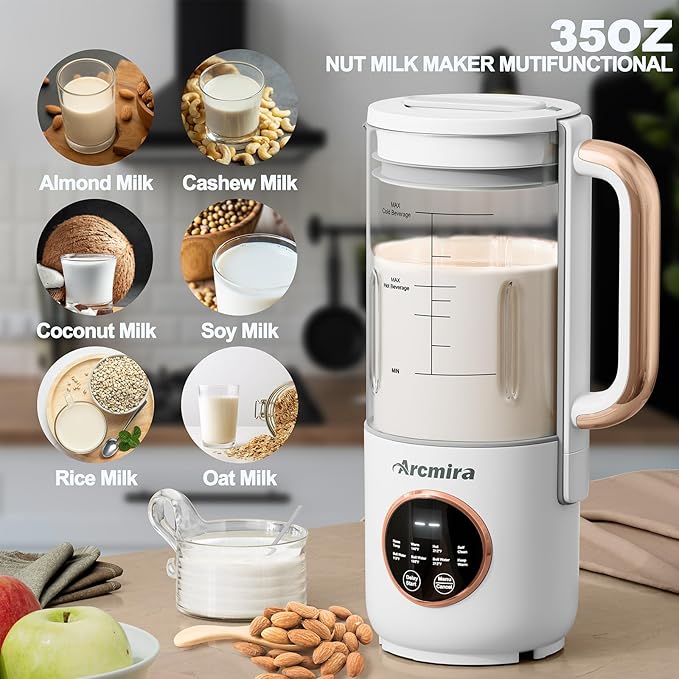 8 in 1 Automatic Nut Milk Maker 10 Blade 35 oz Homemade Oat Soy Plant-Based and Dairy Free Beverages Almond Milk Maker with Delay Start/Keep Warm/Boil Water Soy Milk Maker with Nut Milk Bag