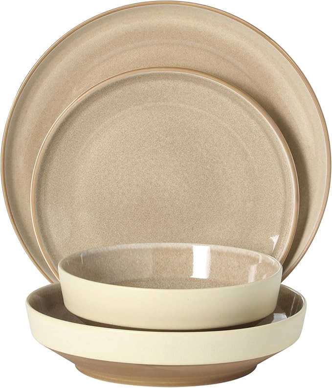 Gibson Elite Octavia Place 16 Piece Stoneware Dinnerware Set Service for 4 Coupe Modern Plates &amp Bowls Reactive Glaze Finish Taupe Microwave &amp Dishwasher Safe
